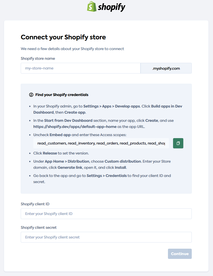 The Shopify store connection UI showing the Find your Shopify credentials section and fields for store name, client ID, and client secret.